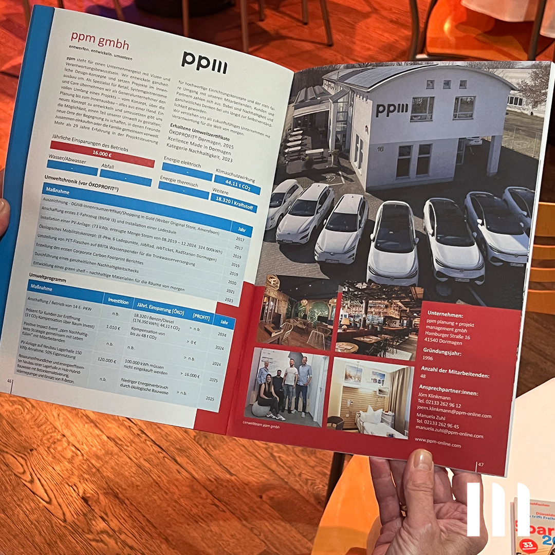 Eine Doppelseite über unser Unternehmen ppm und die Maßnahmen zur Nachhaltigkeitsstrategie in der Ökoprofit Broschüre 2025