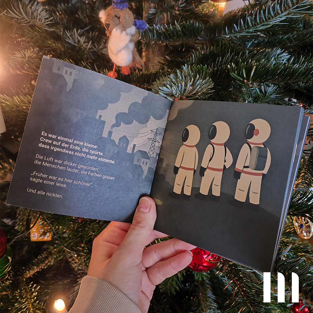 Illustration aus dem Buch Mission Morgen: Crew erkennt Umweltprobleme auf der Erde.